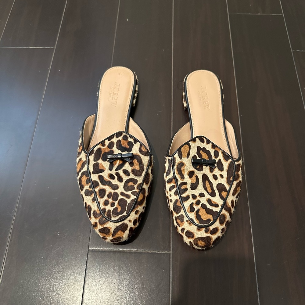 Jcrew leopard prod calf hair slides